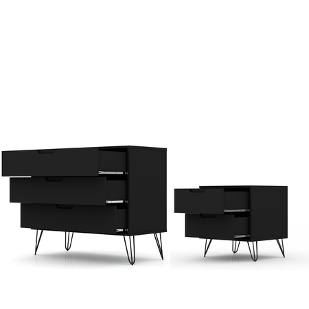 Manhattan Comfort Rockefeller Dresser and Nightstand Set, Black 104GMC2